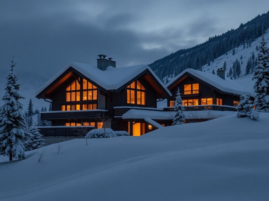 Alpine ski chalet at dusk